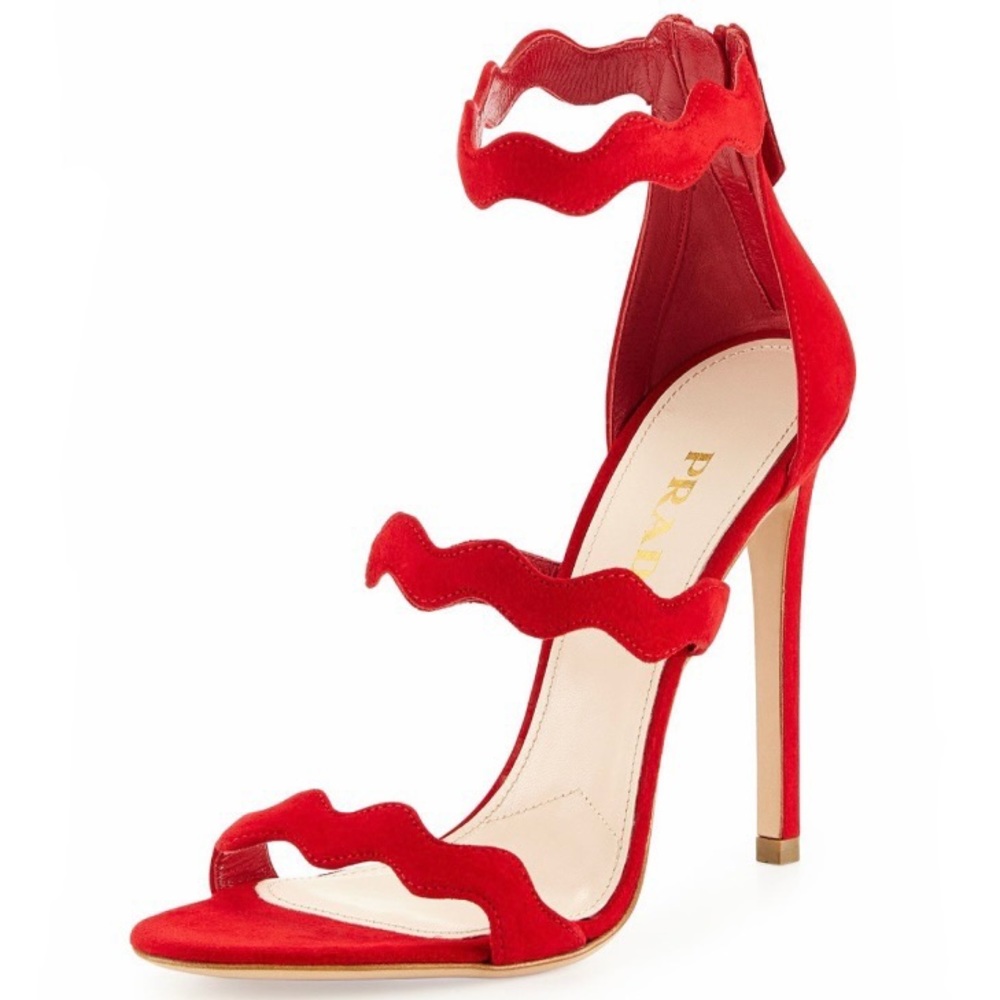 Prada Red Suede Wavy-Strap Stiletto Sandals